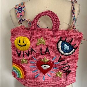 Vibrant Pink Embroidered Straw Crossbody Tote